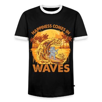Happiness Comes In Waves - Surfende Katze - Surfen - Männer Kontrast-T-Shirt - Schwarz/Weiß - Vorne - AI Model Female 172 light (172cm) & AI Model Male 178 light (178cm)