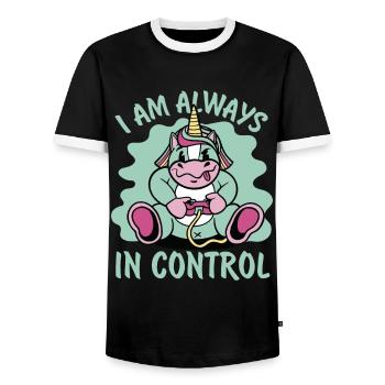 I Am Always In Control - Unicorn - Video Games - Men's Ringer Shirt - black/white - Front - AI Model Female 172 light (172cm) & AI Model Male 178 light (178cm)