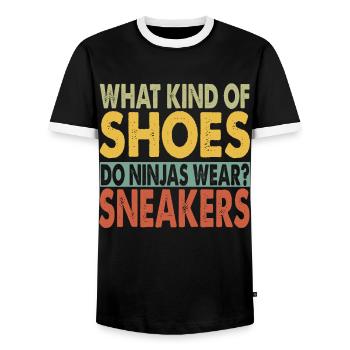 What Kind Of Shoes Do Ninjas Wear? - Papa-Witze - Männer Kontrast-T-Shirt - Schwarz/Weiß - Vorne - AI Model Female 172 light (172cm) & AI Model Male 178 light (178cm)