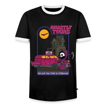Deadly Tours - We Put The FUN In FUNerals - Men's Ringer Shirt - black/white - Front - AI Model Female 172 light (172cm) & AI Model Male 178 light (178cm)