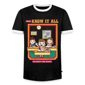 Miss Know It All - We Don't Like You Jenny - Men's Ringer Shirt - black/white - Front - AI Model Female 172 light (172cm) & AI Model Male 178 light (178cm)