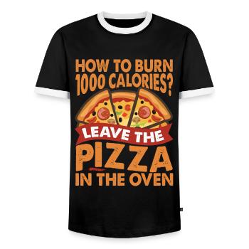 How To Burn 100 Calories? - Pizza - Dad jokes - Men's Ringer Shirt - black/white - Front - AI Model Female 172 light (172cm) & AI Model Male 178 light (178cm)