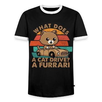 What Does A Cat Drive? A Furrari - Papa-Witze - Männer Kontrast-T-Shirt - Schwarz/Weiß - Vorne - AI Model Female 172 light (172cm) & AI Model Male 178 light (178cm)