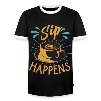 Sip Happens! - Funny coffee puns - Barista - Men's Ringer Shirt - black/white - Front - AI Model Female 172 light (172cm) & AI Model Male 178 light (178cm)