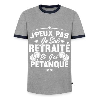 J'peux pas je suis Retraité et j'ai Pétanque - T-shirt contrasté Homme - gris/marine  - Devant - AI Model Female 172 light (172cm) & AI Model Male 178 light (178cm)