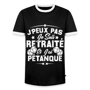 J'peux pas je suis Retraité et j'ai Pétanque - T-shirt contrasté Homme - noir/blanc - Devant - AI Model Female 172 light (172cm) & AI Model Male 178 light (178cm)