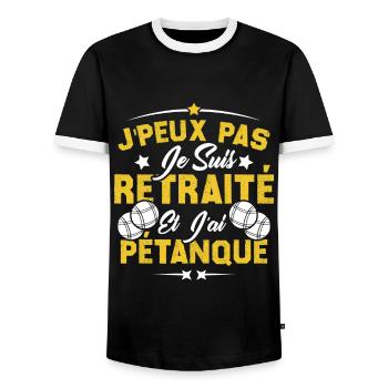 J'peux pas je suis Retraité et j'ai Pétanque - T-shirt contrasté Homme - noir/blanc - Devant - AI Model Female 172 light (172cm) & AI Model Male 178 light (178cm)