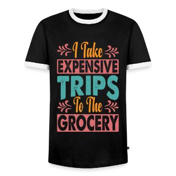 I Take Expensive Trips To The Grocery - Funny - Männer Kontrast-T-Shirt - Schwarz/Weiß - Vorne - AI Model Female 172 light (172cm) & AI Model Male 178 light (178cm)