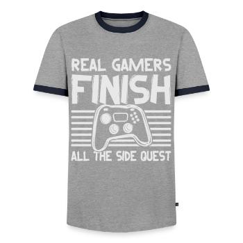 Real Gamers Finishes All The Side Quests - Video G - Men's Ringer Shirt - grey/navy  - Front - AI Model Female 172 light (172cm) & AI Model Male 178 light (178cm)