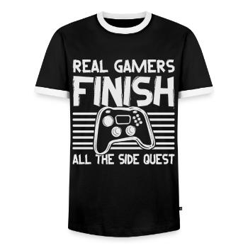 Real Gamers Finishes All The Side Quests - Video G - Men's Ringer Shirt - black/white - Front - AI Model Female 172 light (172cm) & AI Model Male 178 light (178cm)