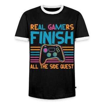 Real Gamers Finishes All The Side Quests - Video G - Men's Ringer Shirt - black/white - Front - AI Model Female 172 light (172cm) & AI Model Male 178 light (178cm)