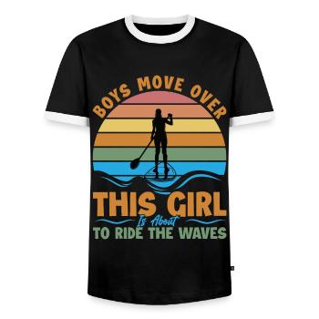 Les garçons se déplacent Cette fille est sur le point de surfer sur la vague - T-shirt contrasté Homme - noir/blanc - Devant - AI Model Female 172 light (172cm) & AI Model Male 178 light (178cm)