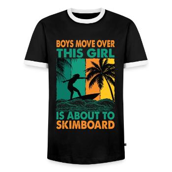 Les garçons se déplacent sur cette fille est sur le point de faire du skimboard - S - T-shirt contrasté Homme - noir/blanc - Devant - AI Model Female 172 light (172cm) & AI Model Male 178 light (178cm)