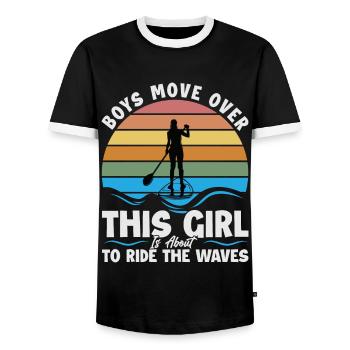 Les garçons se déplacent Cette fille est sur le point de surfer sur la vague - T-shirt contrasté Homme - noir/blanc - Devant - AI Model Female 172 light (172cm) & AI Model Male 178 light (178cm)