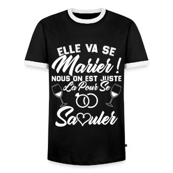 Elle va se marier, Nous juste là pour se saouler - T-shirt contrasté Homme - noir/blanc - Devant - AI Model Female 172 light (172cm) & AI Model Male 178 light (178cm)