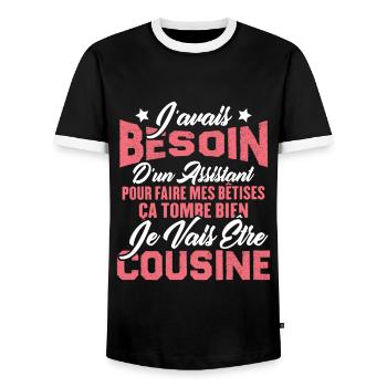 Je vais être cousine, Cadeau pour future cousine - T-shirt contrasté Homme - noir/blanc - Devant - AI Model Female 172 light (172cm) & AI Model Male 178 light (178cm)