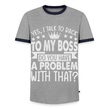 Yes, I Talk To Back To My Boss - Funny - Office - - Men's Ringer Shirt - grey/navy  - Front - AI Model Female 172 light (172cm) & AI Model Male 178 light (178cm)