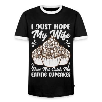 J’espère juste que ma femme ne me surprendra pas en train de manger de la cupca - T-shirt contrasté Homme - noir/blanc - Devant - AI Model Female 172 light (172cm) & AI Model Male 178 light (178cm)