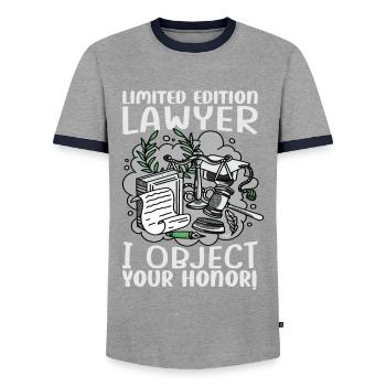 Édition limitée Avocat Je m’oppose à votre honneur! - Funn - T-shirt contrasté Homme - gris/marine  - Devant - AI Model Female 172 light (172cm) & AI Model Male 178 light (178cm)