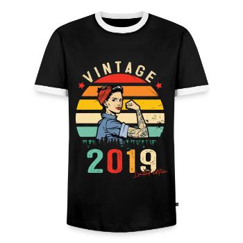2019 Vintage Limited Edition Women's Gift - Men's Ringer Shirt - black/white - Front - AI Model Female 172 light (172cm) & AI Model Male 178 light (178cm)