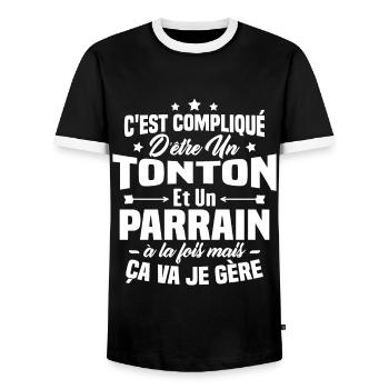C'est compliqué d'être un tonton et un parrain - T-shirt contrasté Homme - noir/blanc - Devant - AI Model Female 172 light (172cm) & AI Model Male 178 light (178cm)