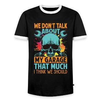 We Don't Talk About My Garage That Much - Funny - - Men's Ringer Shirt - black/white - Front - AI Model Female 172 light (172cm) & AI Model Male 178 light (178cm)