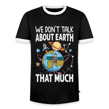 We Don't Talk About Earth That Much - Planets - Men's Ringer Shirt - black/white - Front - AI Model Female 172 light (172cm) & AI Model Male 178 light (178cm)