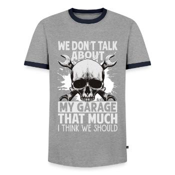 We Don't Talk About My Garage That Much - Funny - - Men's Ringer Shirt - grey/navy  - Front - AI Model Female 172 light (172cm) & AI Model Male 178 light (178cm)