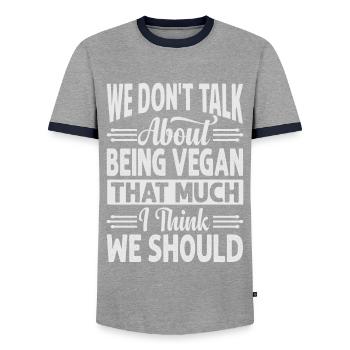 We Don't Talk About Being Vegan That Much I Think - Men's Ringer Shirt - grey/navy  - Front - AI Model Female 172 light (172cm) & AI Model Male 178 light (178cm)