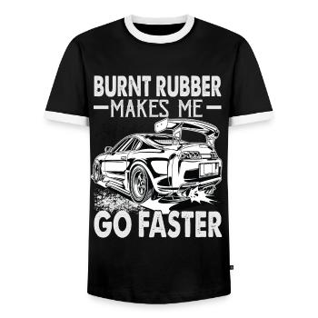 Burnt Rubber Makes Me Go Faster - Race - Racing - Men's Ringer Shirt - black/white - Front - AI Model Female 172 light (172cm) & AI Model Male 178 light (178cm)