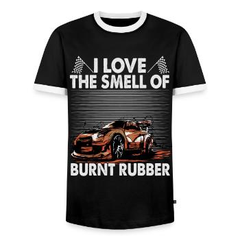I Love The Smell Of Burnt Rubber - Racing - Race - Men's Ringer Shirt - black/white - Front - AI Model Female 172 light (172cm) & AI Model Male 178 light (178cm)