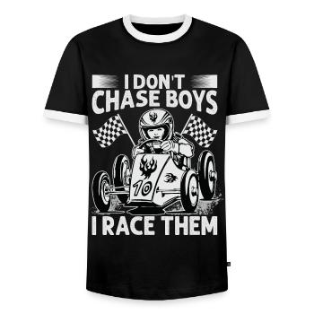 Je ne chasse pas les garçons, je les fais courir - Course - Voiture de course - T-shirt contrasté Homme - noir/blanc - Devant - AI Model Female 172 light (172cm) & AI Model Male 178 light (178cm)