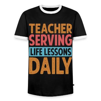 Teacher Serving Life Lessons Daily - Kindergarten - Men's Ringer Shirt - black/white - Front - AI Model Female 172 light (172cm) & AI Model Male 178 light (178cm)