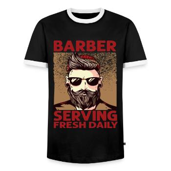 Barber Serving Fresh Daily - Haircut - Funny - Bea - Men's Ringer Shirt - black/white - Front - AI Model Female 172 light (172cm) & AI Model Male 178 light (178cm)