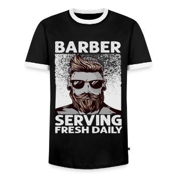 Barber Serving Fresh Daily - Haircut - Funny - Bea - Men's Ringer Shirt - black/white - Front - AI Model Female 172 light (172cm) & AI Model Male 178 light (178cm)