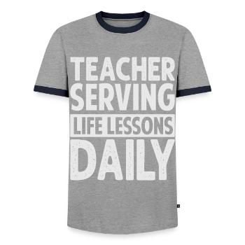 Teacher Serving Life Lessons Daily - Kindergarten - Men's Ringer Shirt - grey/navy  - Front - AI Model Female 172 light (172cm) & AI Model Male 178 light (178cm)