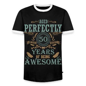 50 Birthday, Born 1972 - Men's Ringer Shirt - black/white - Front - AI Model Female 172 light (172cm) & AI Model Male 178 light (178cm)