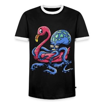 Octopus Wearing A Flamingo Hoop - Pool Party - Männer Kontrast-T-Shirt - Schwarz/Weiß - Vorne - AI Model Female 172 light (172cm) & AI Model Male 178 light (178cm)