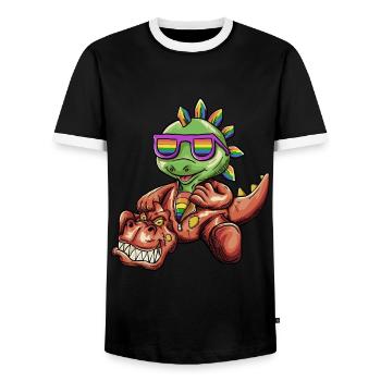 LGBTQ - Dinosaur - T-Rex Wearing Dino Costume - Männer Kontrast-T-Shirt - Schwarz/Weiß - Vorne - AI Model Female 172 light (172cm) & AI Model Male 178 light (178cm)