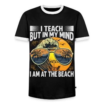 I Teach But In My Mind I Am At The Beach - Funny T - Men's Ringer Shirt - black/white - Front - AI Model Female 172 light (172cm) & AI Model Male 178 light (178cm)