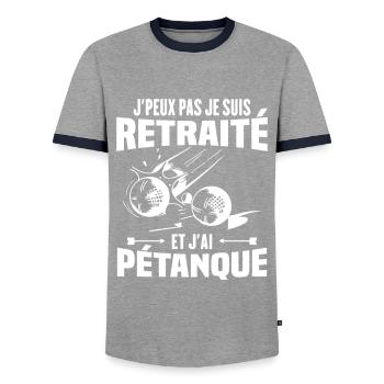 J'peux pas je suis retraité et j'ai pétanque - T-shirt contrasté Homme - gris/marine  - Devant - AI Model Female 172 light (172cm) & AI Model Male 178 light (178cm)