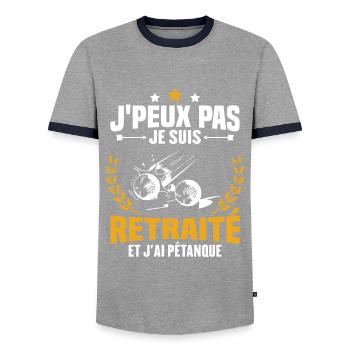 J'peux pas je suis retraité et j'ai pétanque - T-shirt contrasté Homme - gris/marine  - Devant - AI Model Female 172 light (172cm) & AI Model Male 178 light (178cm)