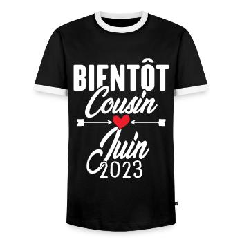 Bientôt Cousin Juin 2023, Annonce Grossesse - T-shirt contrasté Homme - noir/blanc - Devant - AI Model Female 172 light (172cm) & AI Model Male 178 light (178cm)