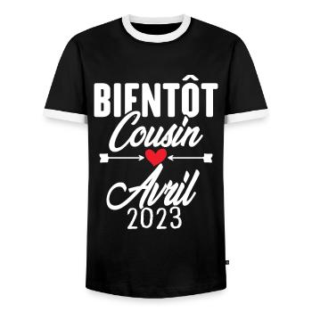 Bientôt Cousin Avril 2023, Annonce Grossesse - T-shirt contrasté Homme - noir/blanc - Devant - AI Model Female 172 light (172cm) & AI Model Male 178 light (178cm)