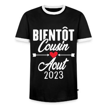Bientôt Cousin Aout 2023, Annonce Grossesse - T-shirt contrasté Homme - noir/blanc - Devant - AI Model Female 172 light (172cm) & AI Model Male 178 light (178cm)