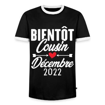 Bientôt Cousin Décembre 2022, Annonce Grossesse - T-shirt contrasté Homme - noir/blanc - Devant - AI Model Female 172 light (172cm) & AI Model Male 178 light (178cm)