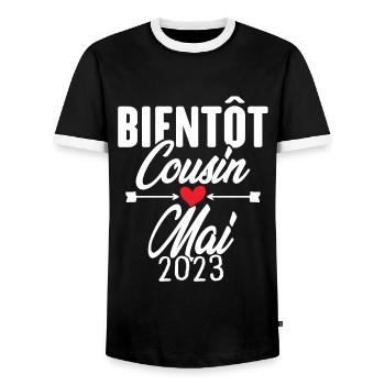 Bientôt Cousin Mai 2023, Annonce Grossesse - T-shirt contrasté Homme - noir/blanc - Devant - AI Model Female 172 light (172cm) & AI Model Male 178 light (178cm)