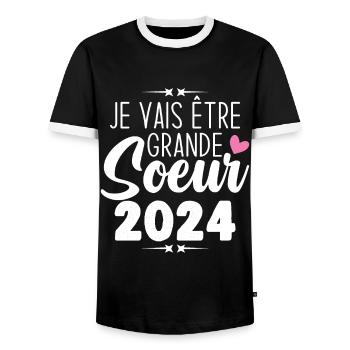 Je Vais Être Grande Sœur 2024, Annonce Grossesse - T-shirt contrasté Homme - noir/blanc - Devant - AI Model Female 172 light (172cm) & AI Model Male 178 light (178cm)