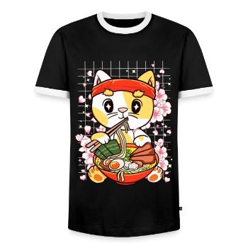 Kätzchen essen Ramen Kawaii Anime - Männer Kontrast-T-Shirt - Schwarz/Weiß - Vorne - AI Model Female 172 light (172cm) & AI Model Male 178 light (178cm)