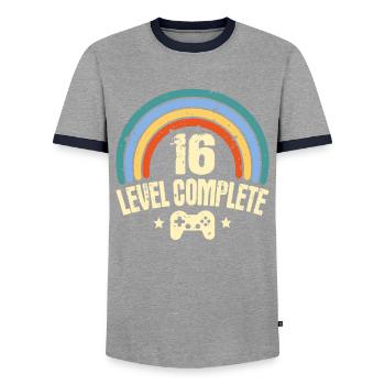 16. Geburtstag Level 16 Jahre Lustiges Gamer - Männer Kontrast-T-Shirt - Grau/Navy  - Vorne - AI Model Female 172 light (172cm) & AI Model Male 178 light (178cm)